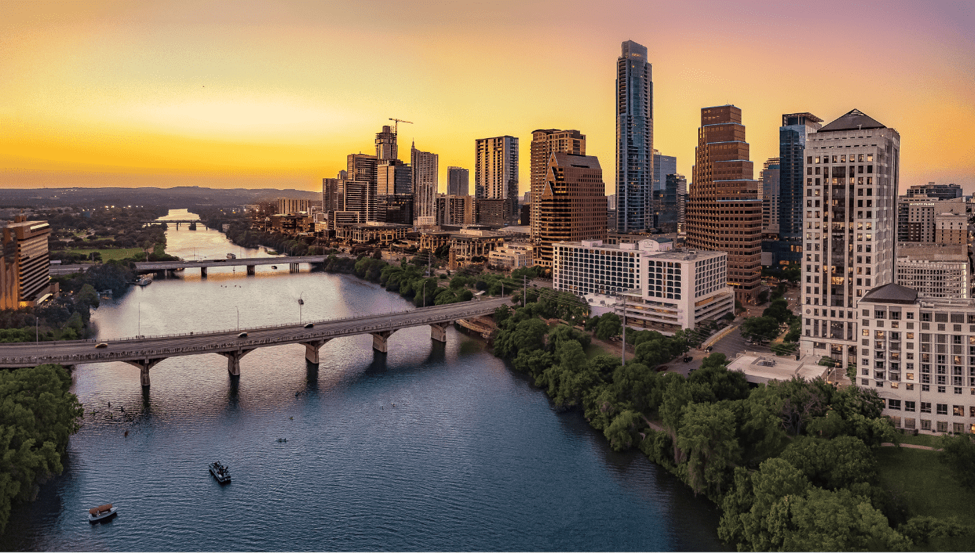 image of Austin Skyline at sunset to represent the ReWorked CONNECT conference happening in Austin May 10-12, 2023